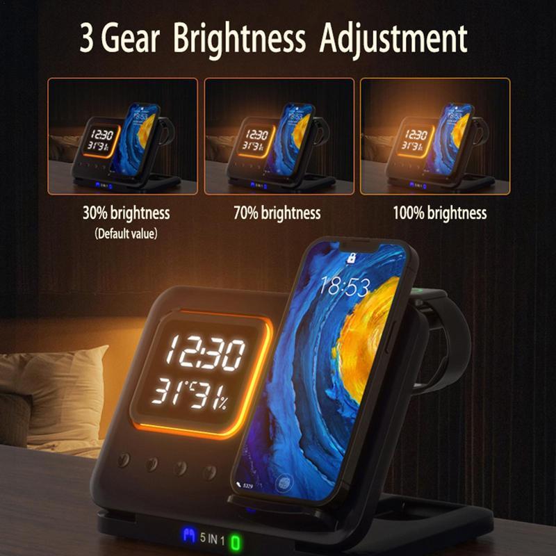 15W 5 In 1 LED Digital Alarm Clock Fast Charging Dock Station