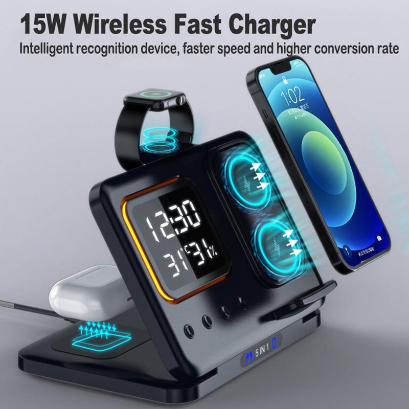 15W 5 In 1 LED Digital Alarm Clock Fast Charging Dock Station