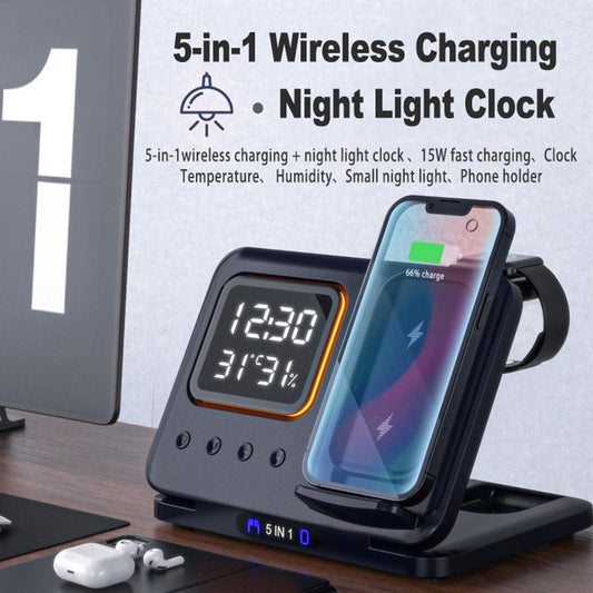15W 5 In 1 LED Digital Alarm Clock Fast Charging Dock Station